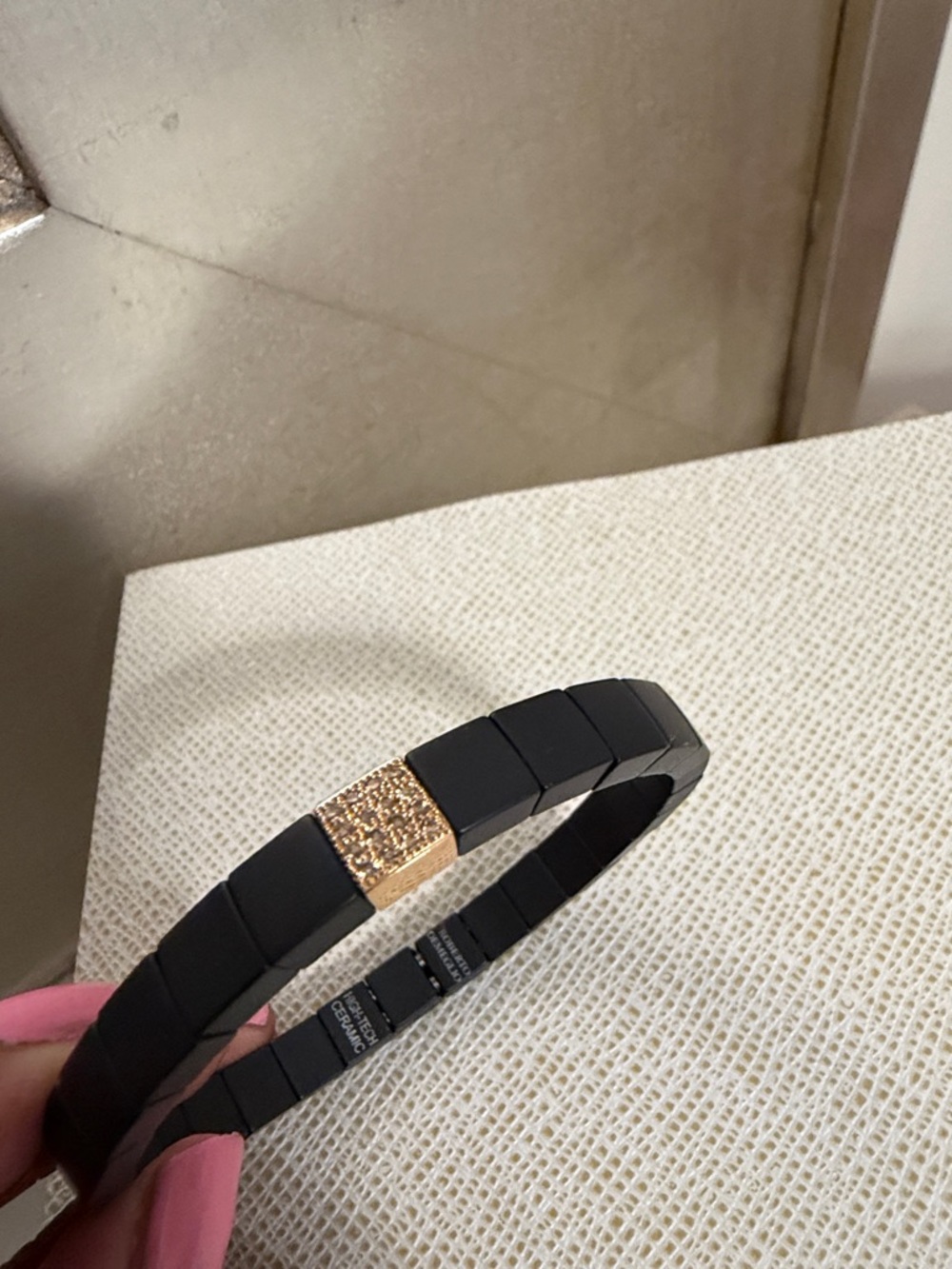 Roberto Demeglio Black Stretch Ceramic Tile Bracelet with Rose Gold Pavé Accent